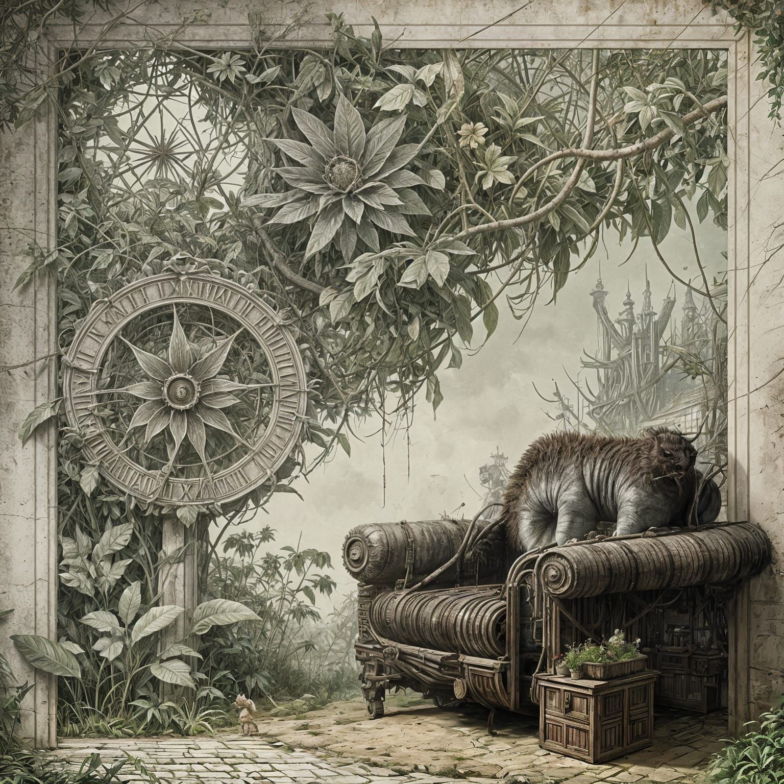 Dreamlike Scene with Whimsical Fauna and Flora
