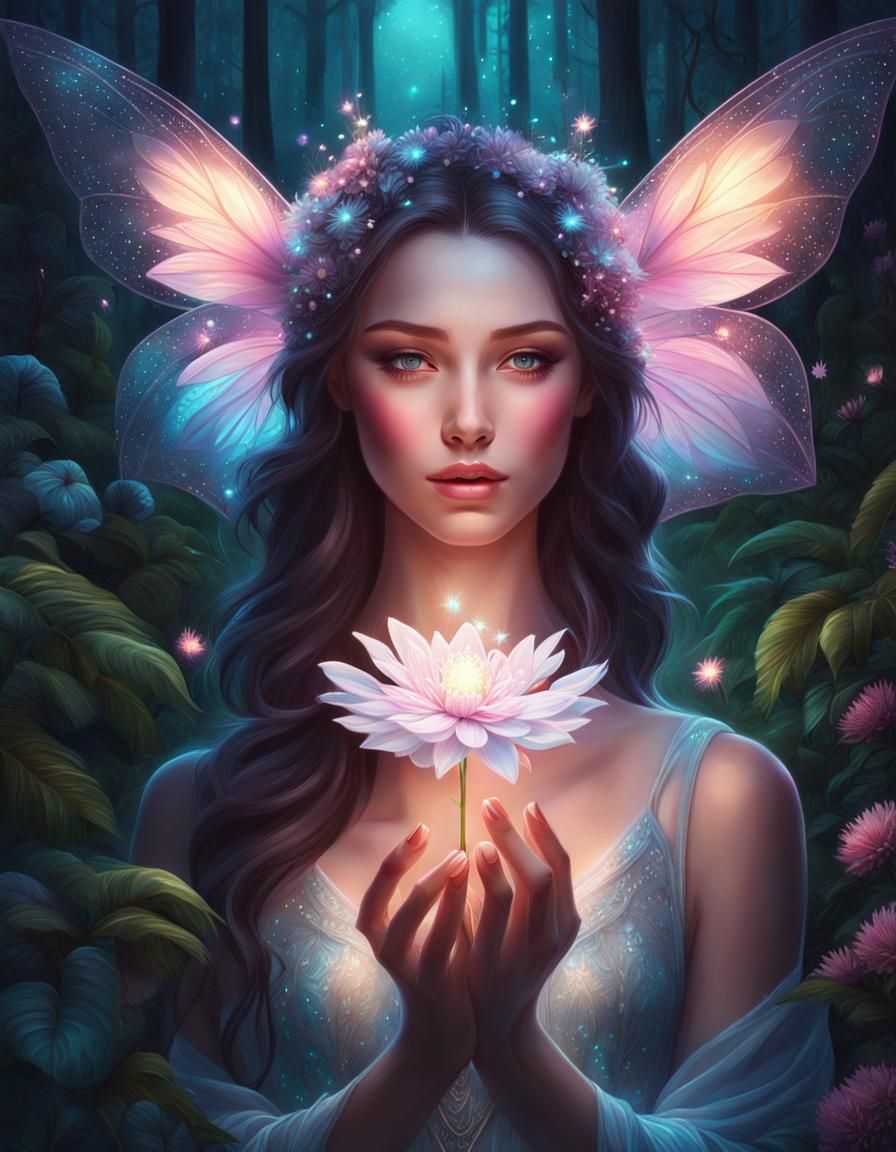 Mystical Forest: Glowing Magical Flower, Digital Art