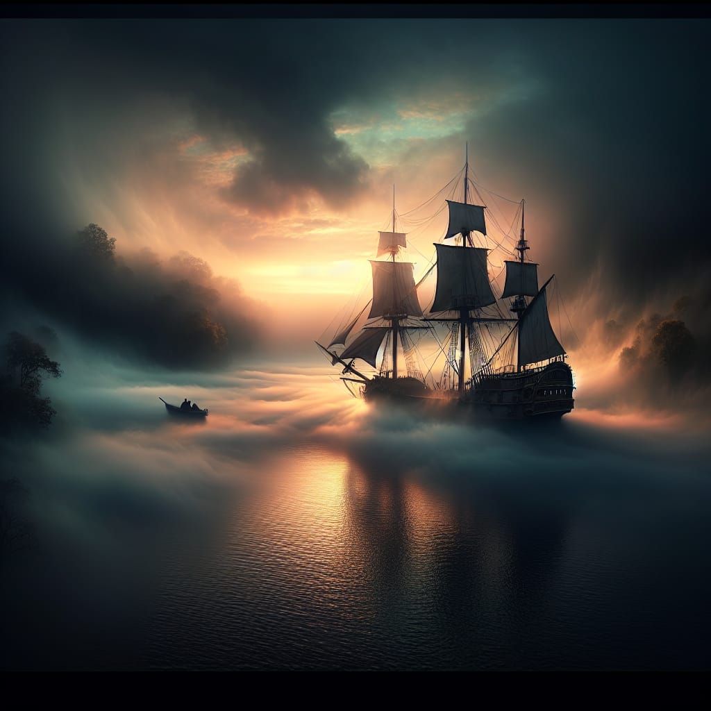 Pirate Ship on Thames in Dense Fog