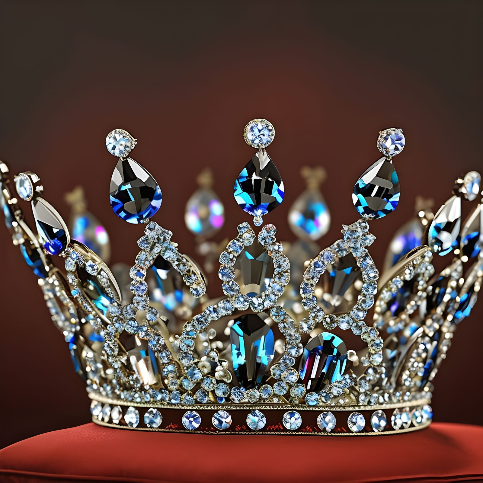 Intricate Crystal Crown on Red Cushion