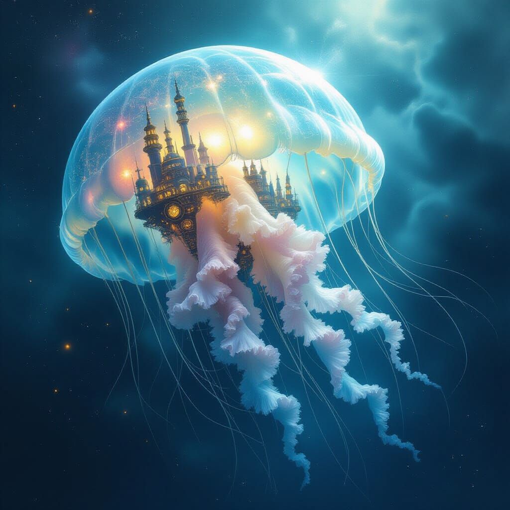 Cosmic Jellyfish with Steampunk Cities, Digital Art
