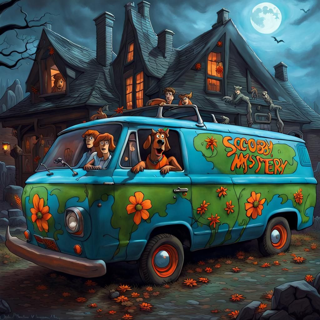 The Scooby-Doo "Mystery Machine" is a blue van painted with orange flowers and green details in 60's style, with Scooby ...