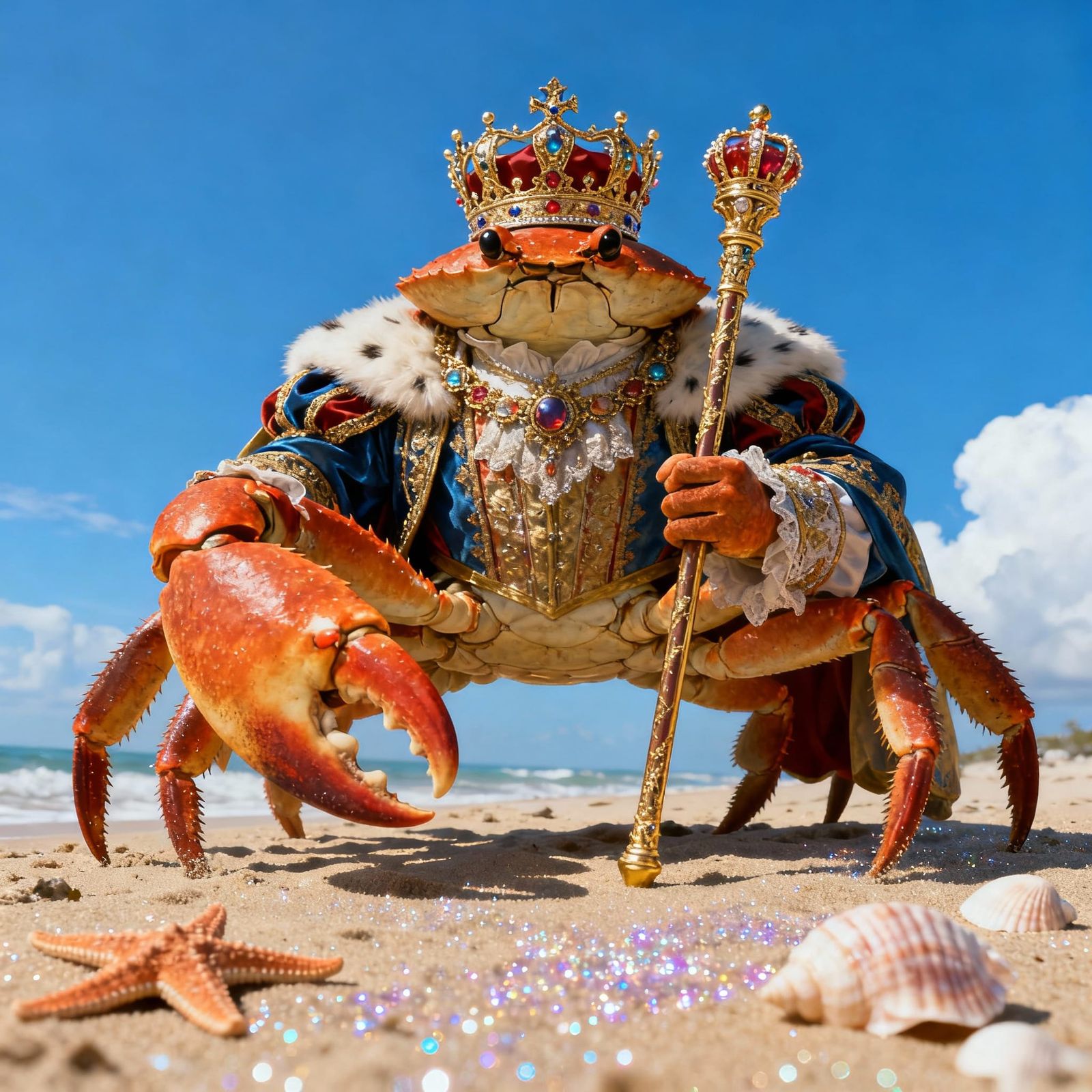 Majestic King Crab in Royal Regalia on Beach
