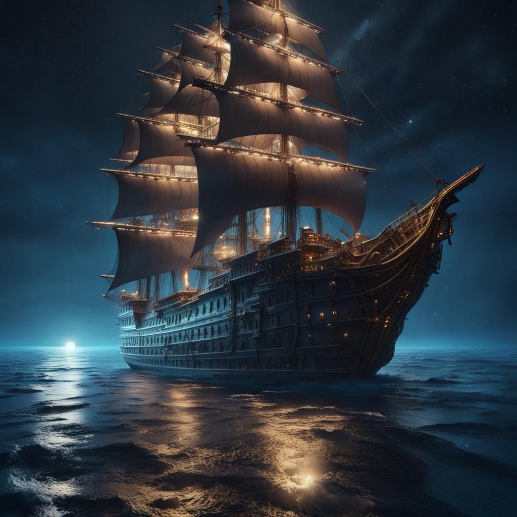 Dramatic Ship on Crystal Ocean Under Starry Sky