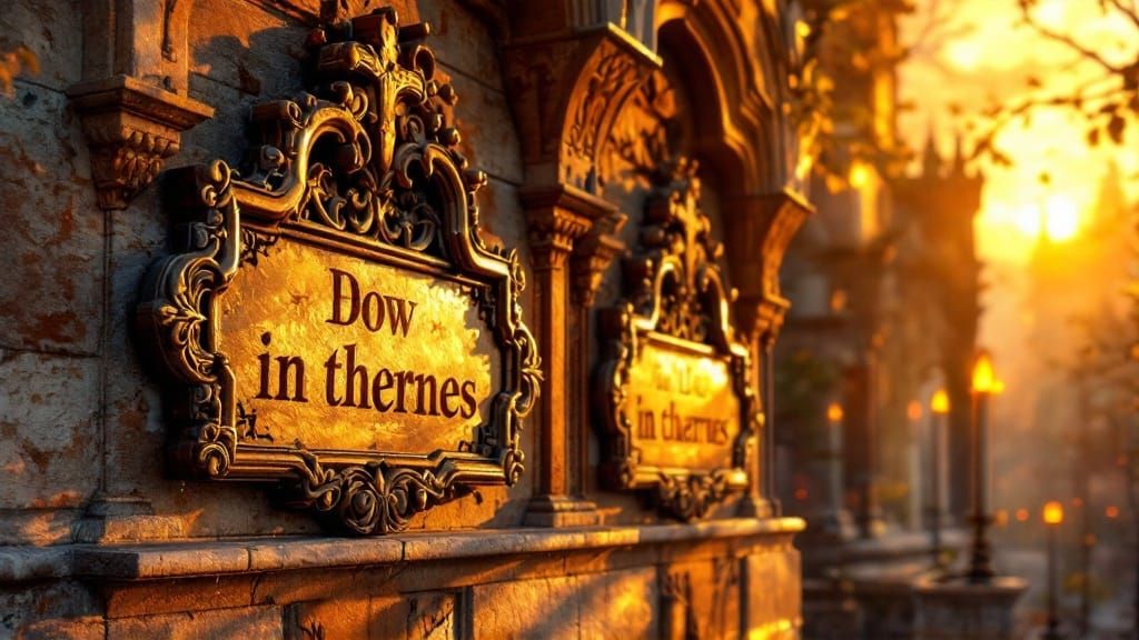 Ornate Church Signs in Golden Light, Hyperrealistic Art