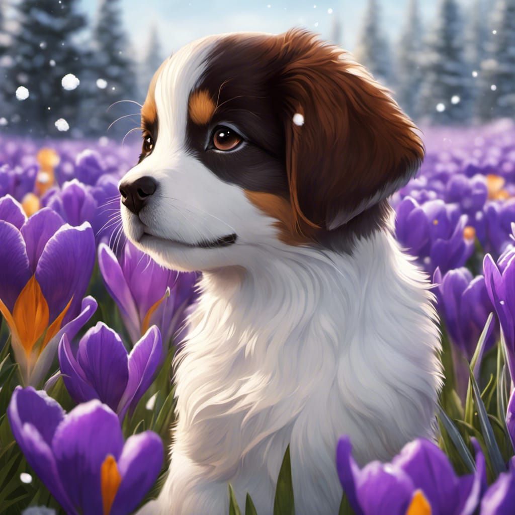 Puppy in the crocuses as it lightly snows
