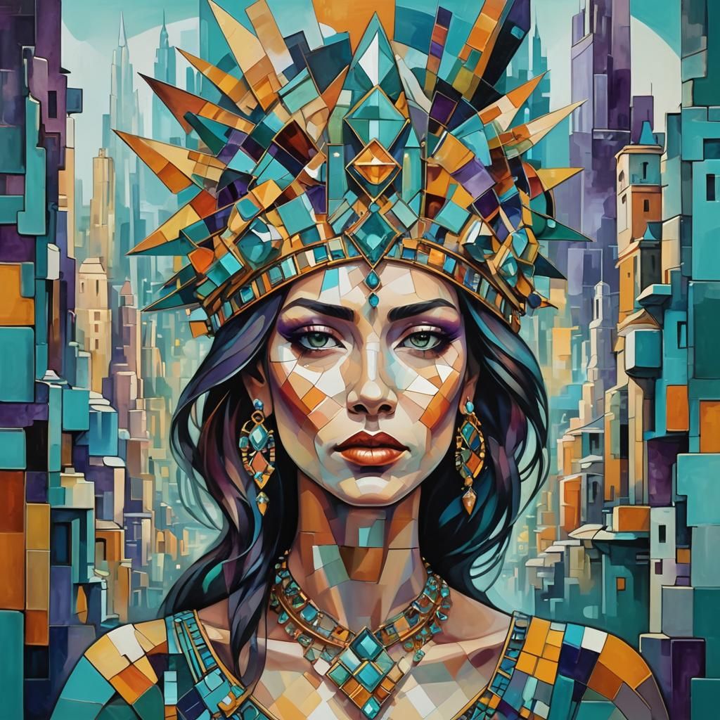 Cubist Woman with Geometric Headdress in Ornate Cityscape