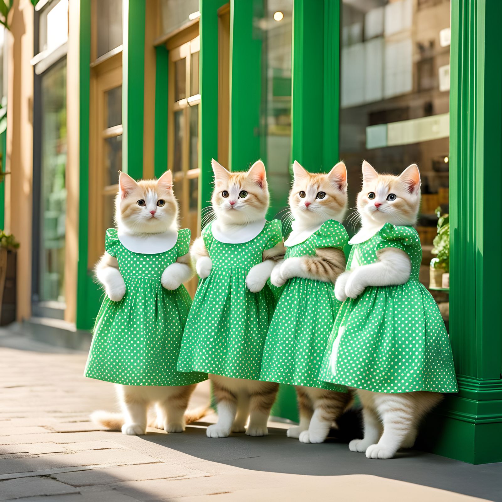 Anthropomorphic Kittens in Front of Green Store