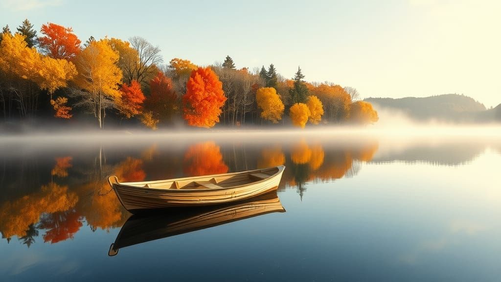 Autumn Lake: Watercolor Painting with Boat and Mist