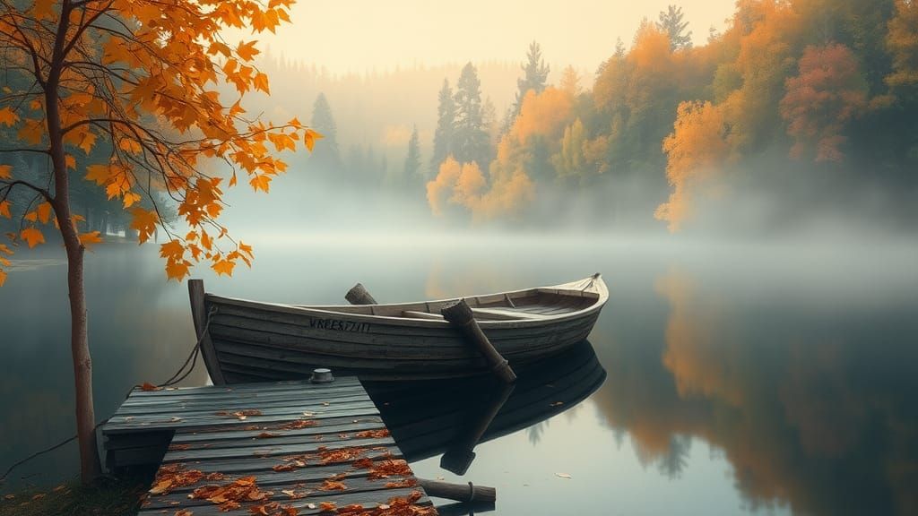 Autumn Lake Scene in Watercolor Style