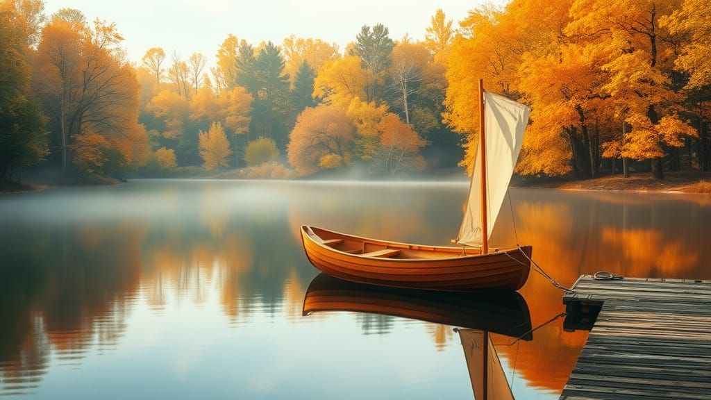 Autumn Lake Scene with Boat in Watercolor Style