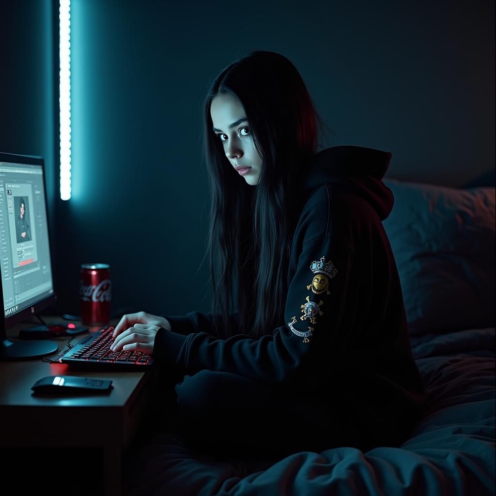 Gothic Girl Gaming in Dimly Lit Room