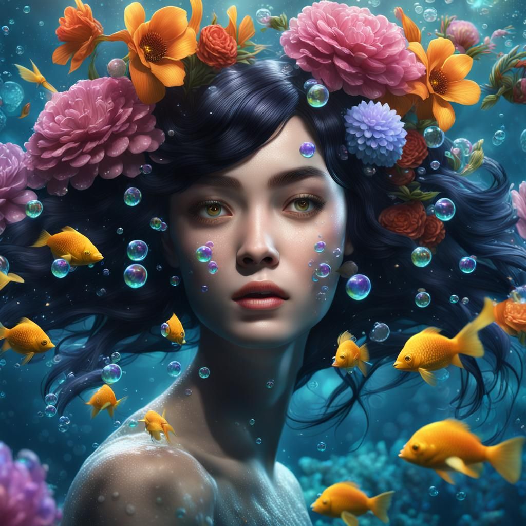 Underwater Nymph with Flowers in Deep Color