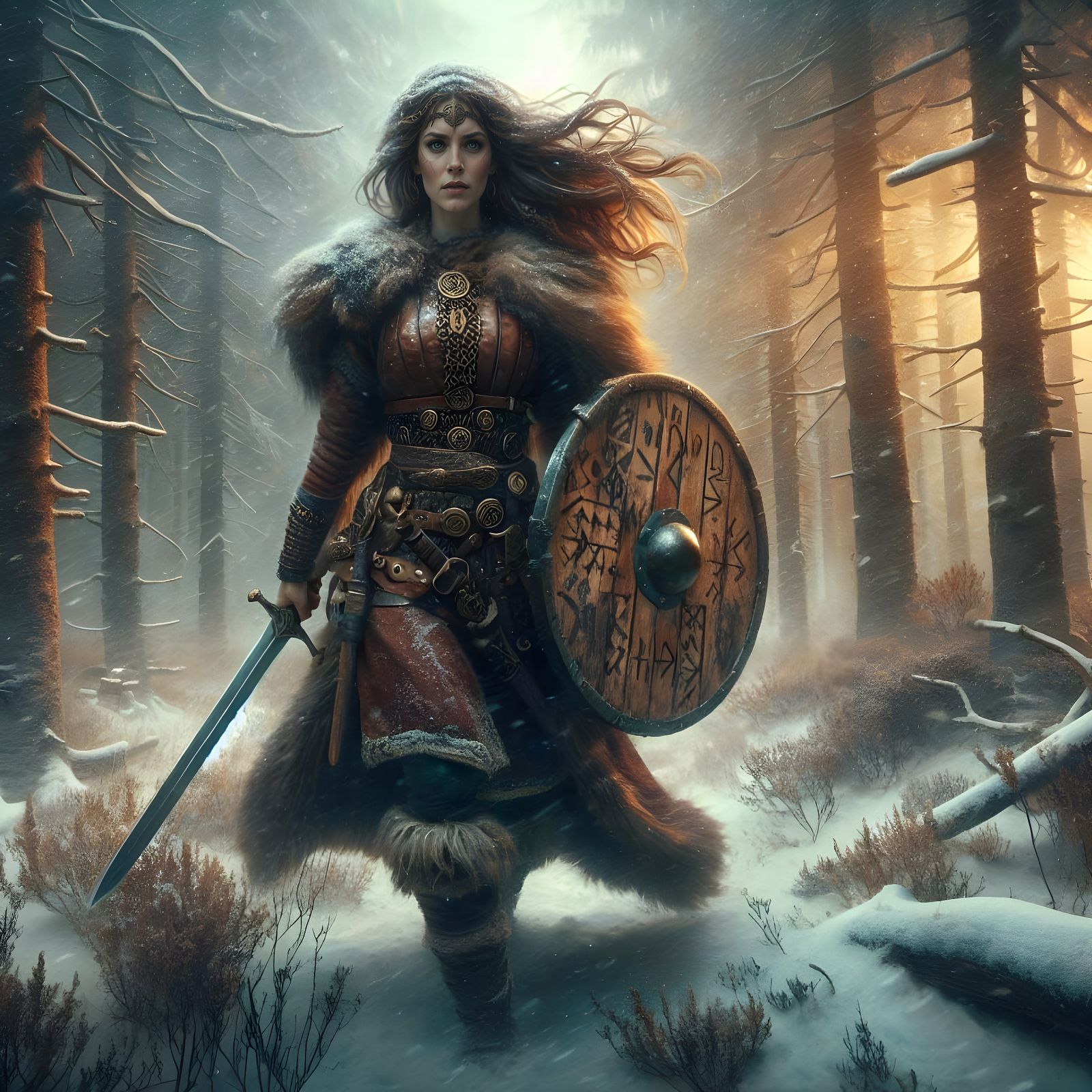 Ethereal Goddess Walks Through Frosty Forest Glade