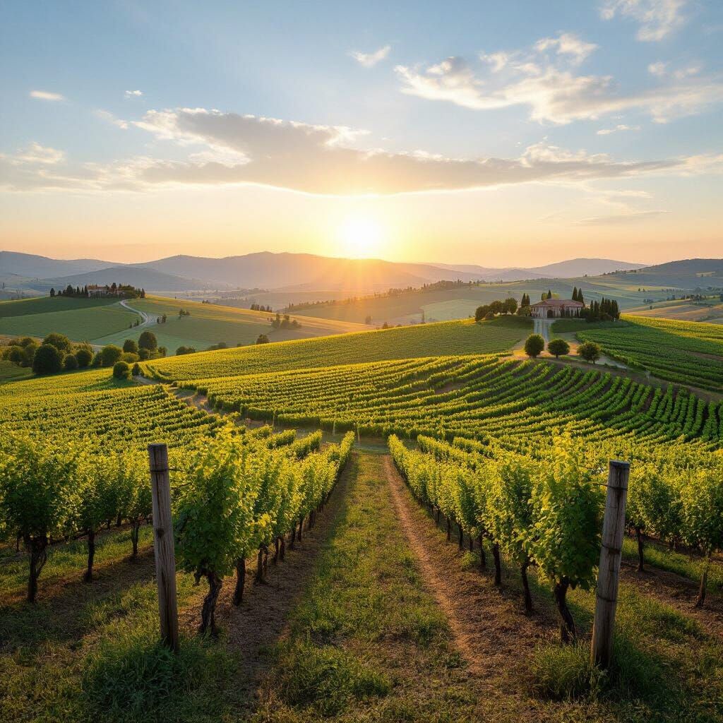 Vivid Sunset Over Cultivated Hillside Landscape