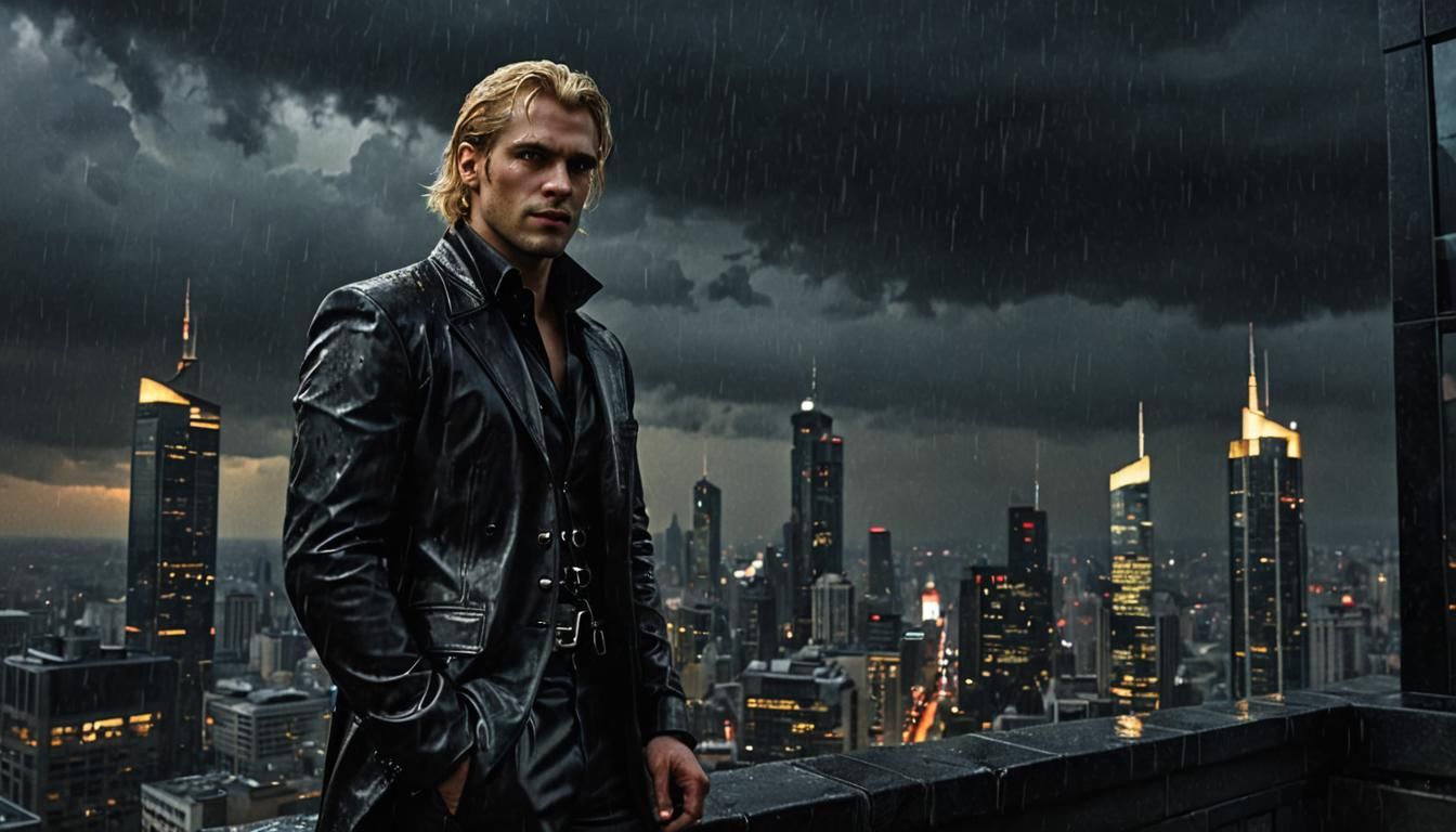 Handsome Vampire Observes Stormy City at Night