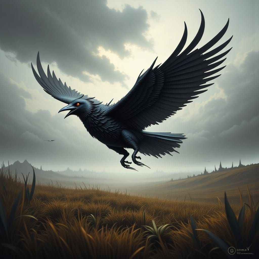 Flying crow above a windy grass field <lora:Flying Sweat Flux:1.0> <lora:Kunai:1.0>