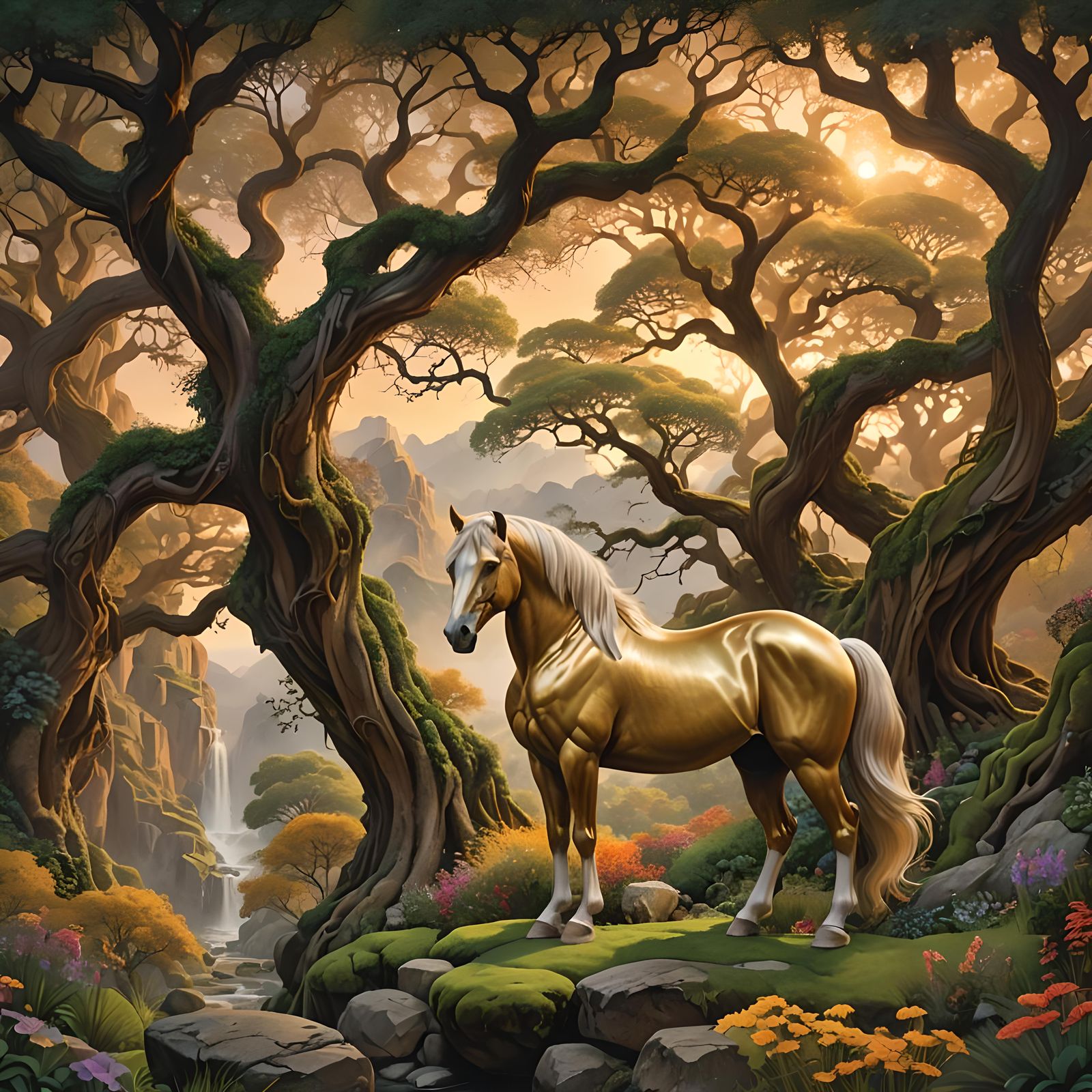 Golden Stallion in Lush Ravine as Digital Painting