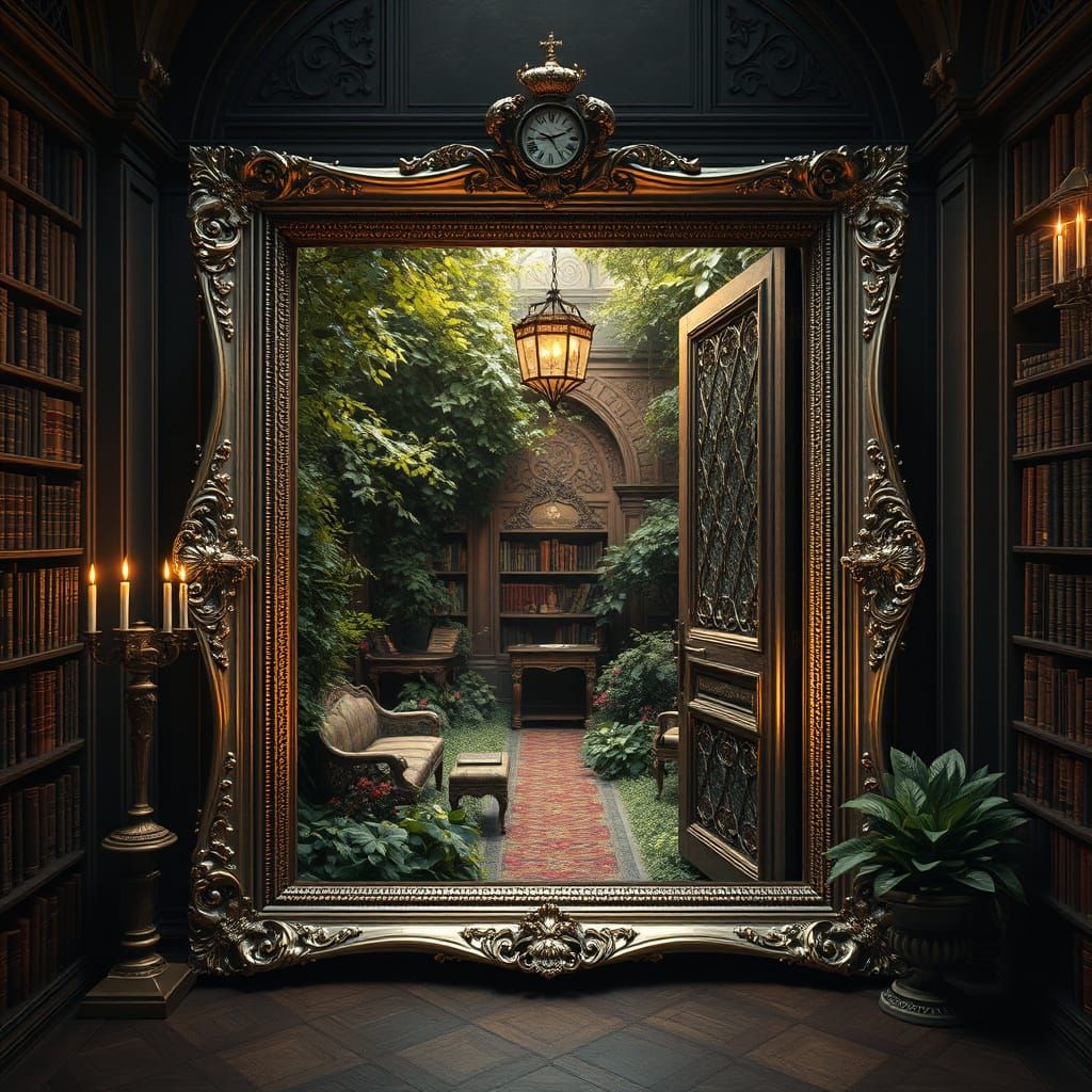Gothic Library Picture Frame Garden in Epic Cinematic Style