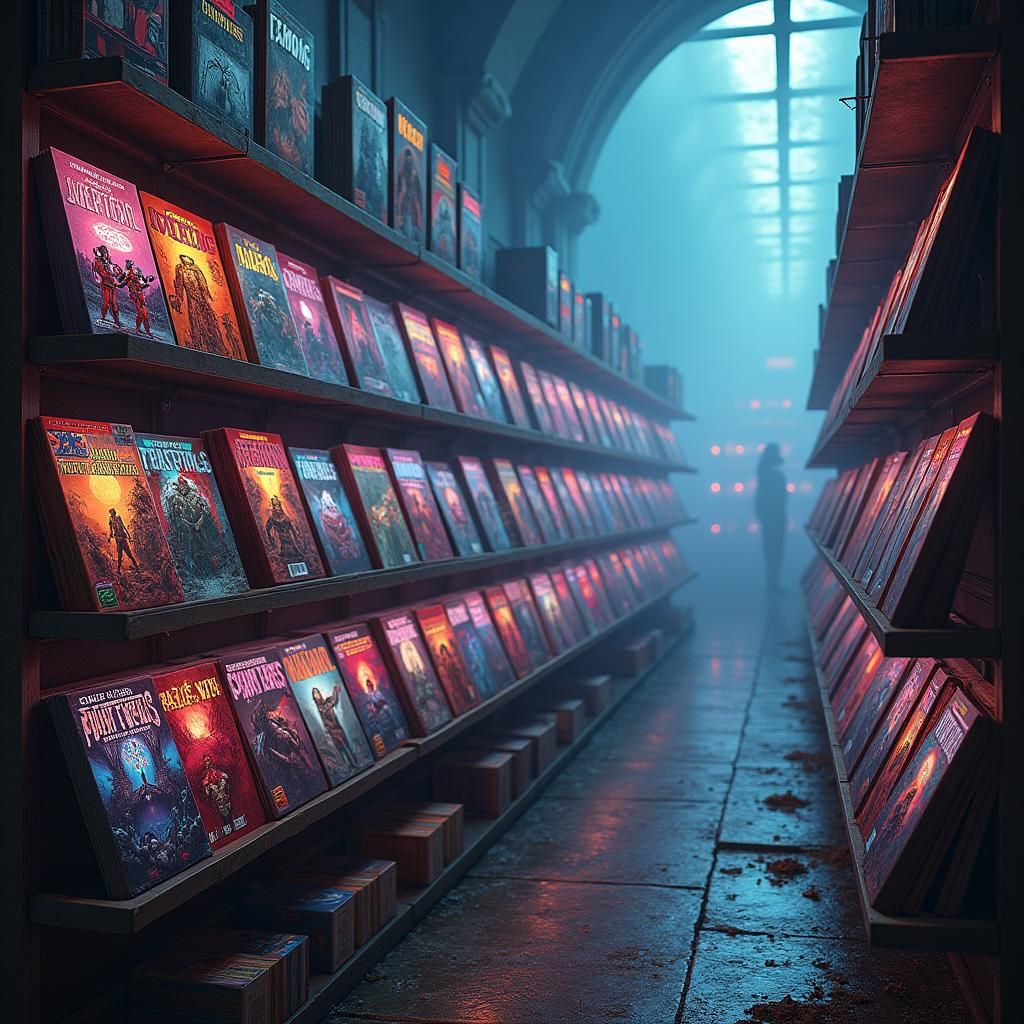 Glowing Comic Books on Misty Shelves