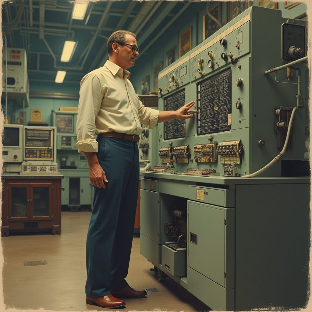 Vintage Computer Operator in 1950s Lab, Concept Art
