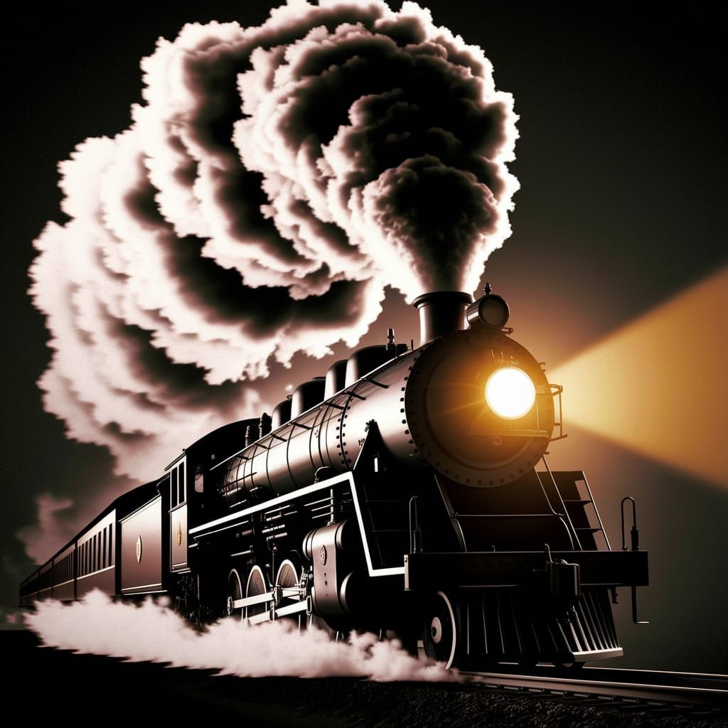 Vintage Steam Train Illuminated by Radiant Smoke