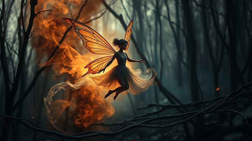 Ash Fairy in Charred Forest, Dark Fantasy Art