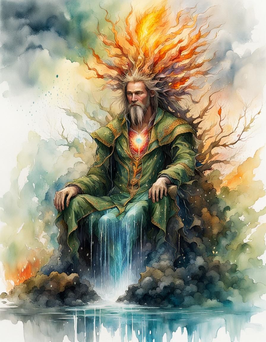 Elemental Being on Flora Throne: Watercolor Art