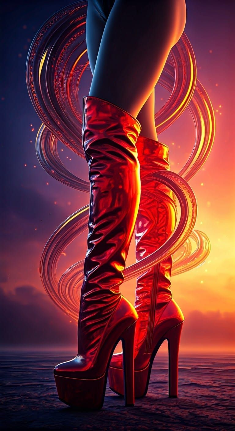 Woman in Red Holographic Boots, Dark Fantasy Style