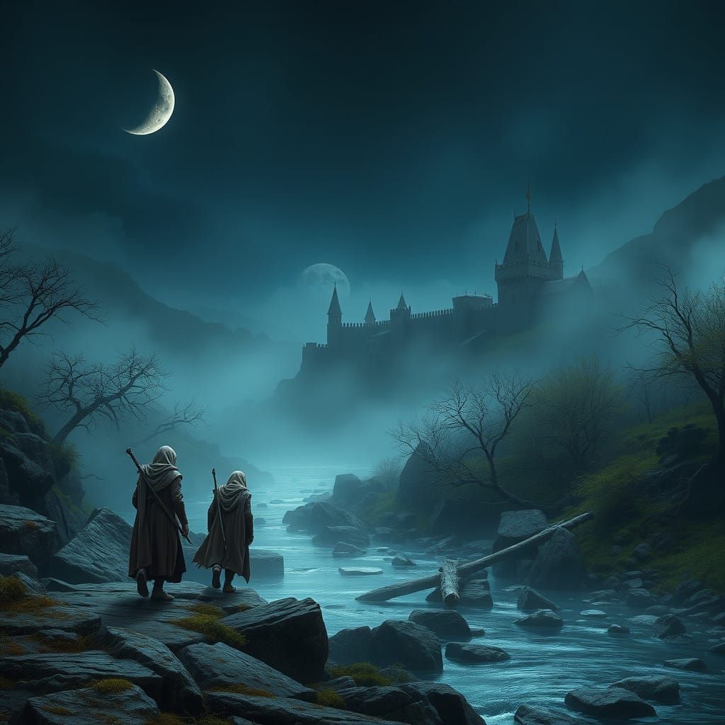 Crescent Moon Illuminates Elvish Scouts in Mysterious Fog