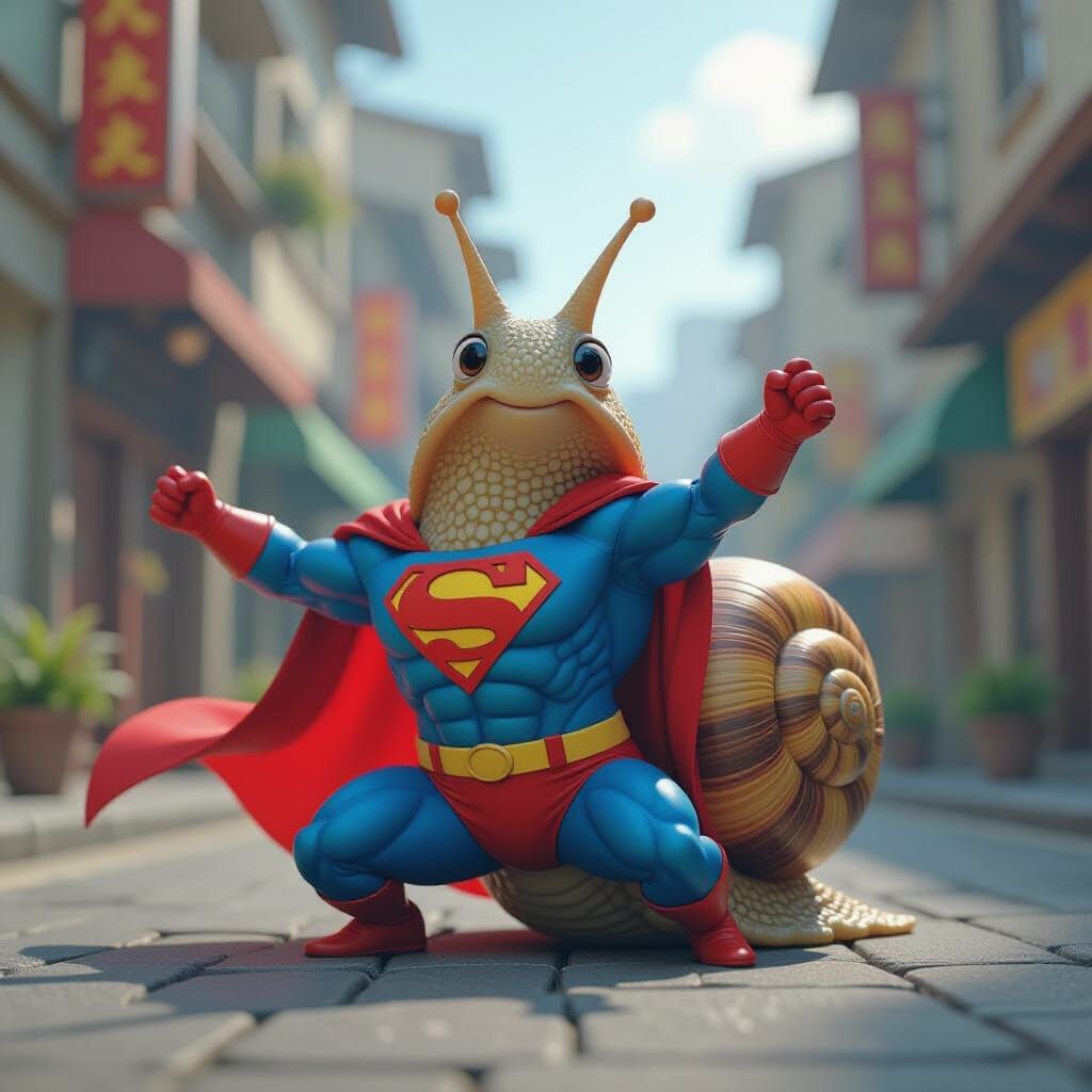 Snail in Superman Costume in 3D Anime Style