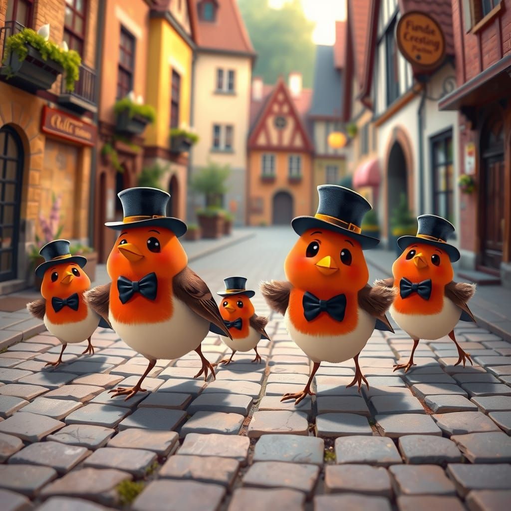 Robins in Top Hats Stroll Whimsical Town Square