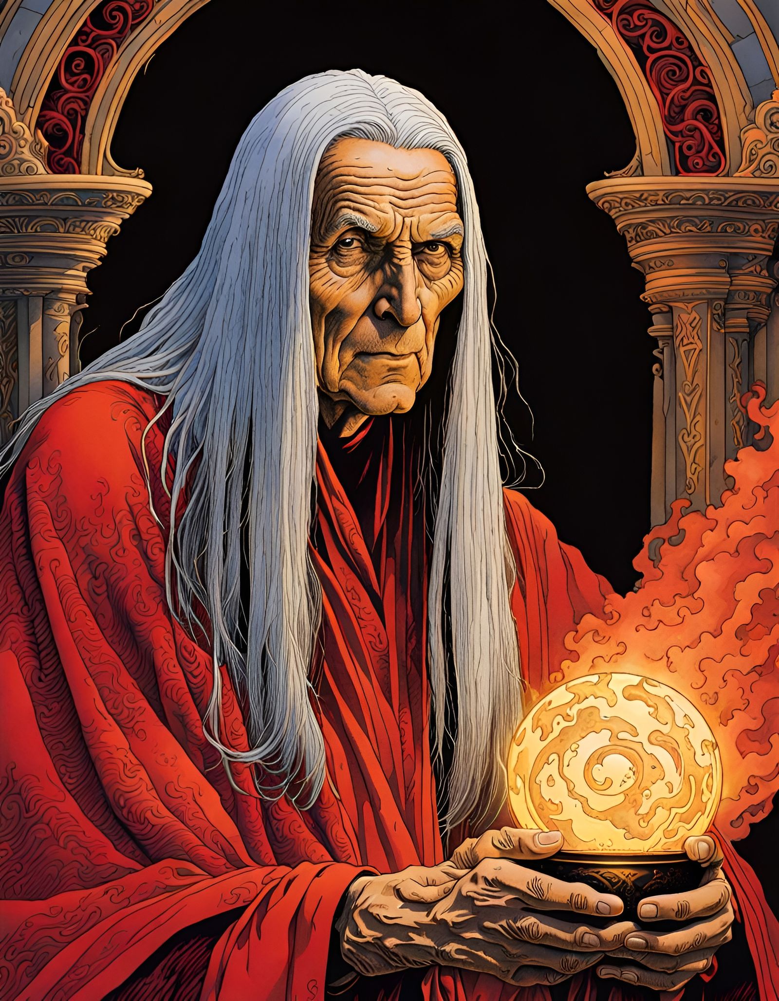 Sorcerer with Gold Eyes in Hyperdetailed Watercolor Portrait