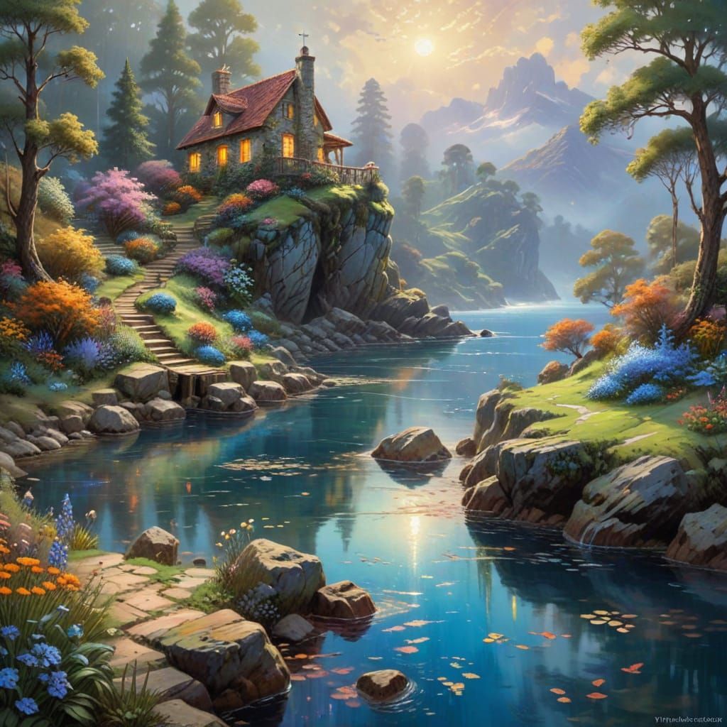 Swiss Windmill in Autumnal Mountains, Digital Art