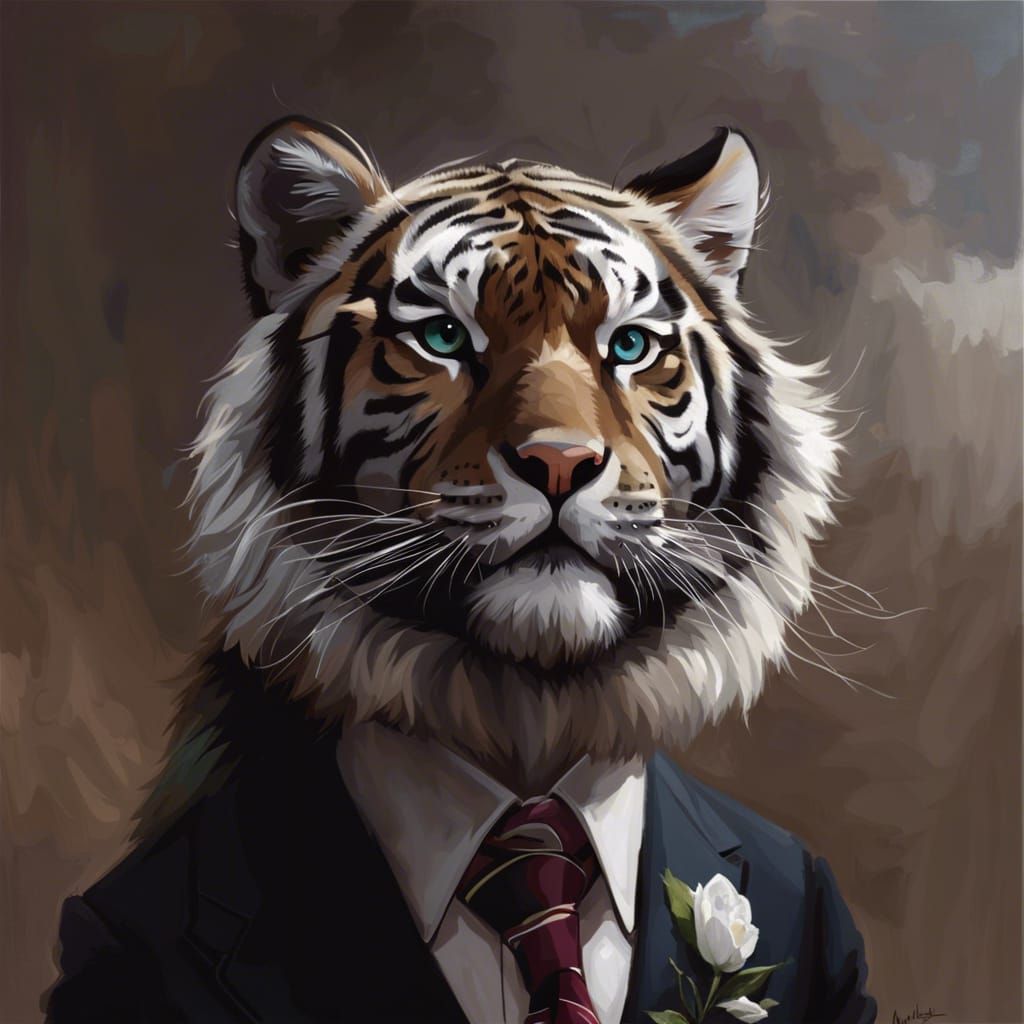 Majestic White Tiger in Suit: Oil Painting Style