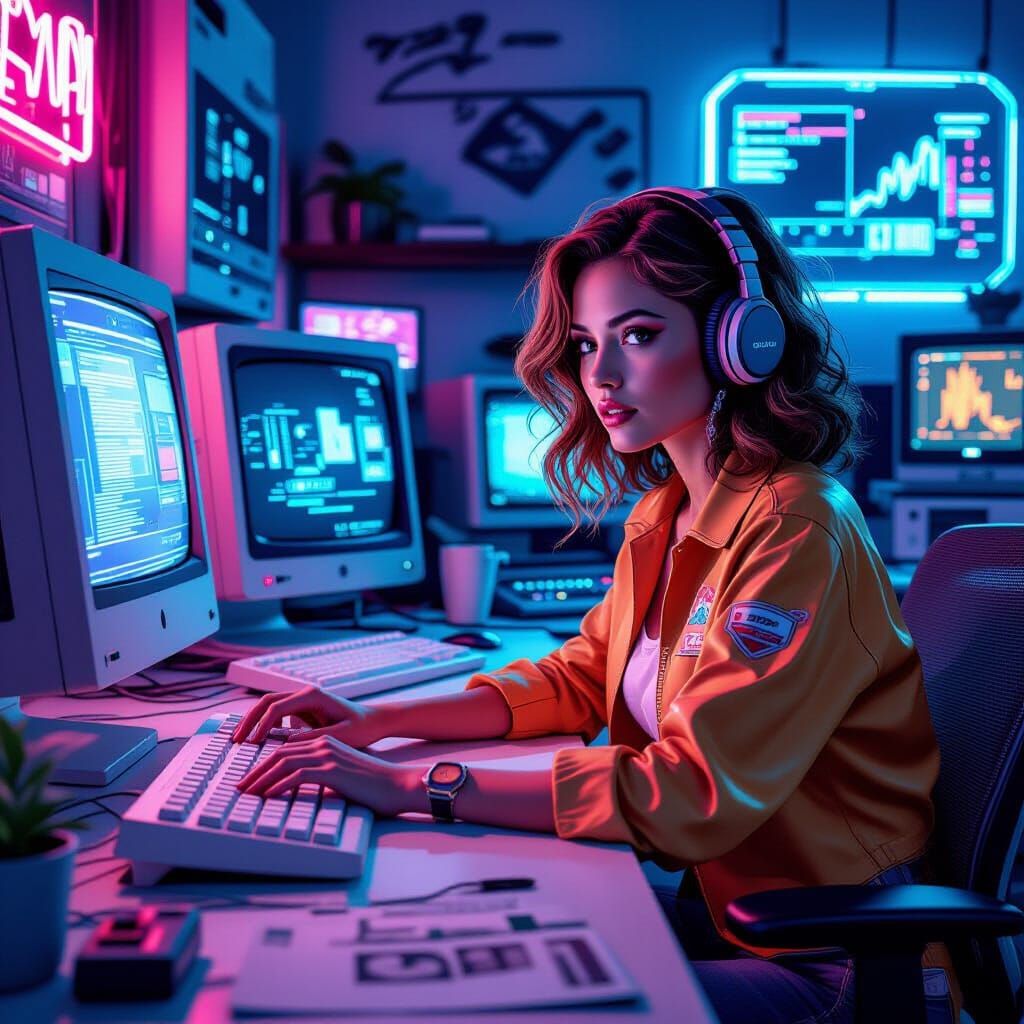 Retrofuturistic Woman at Computer in Retro Room
