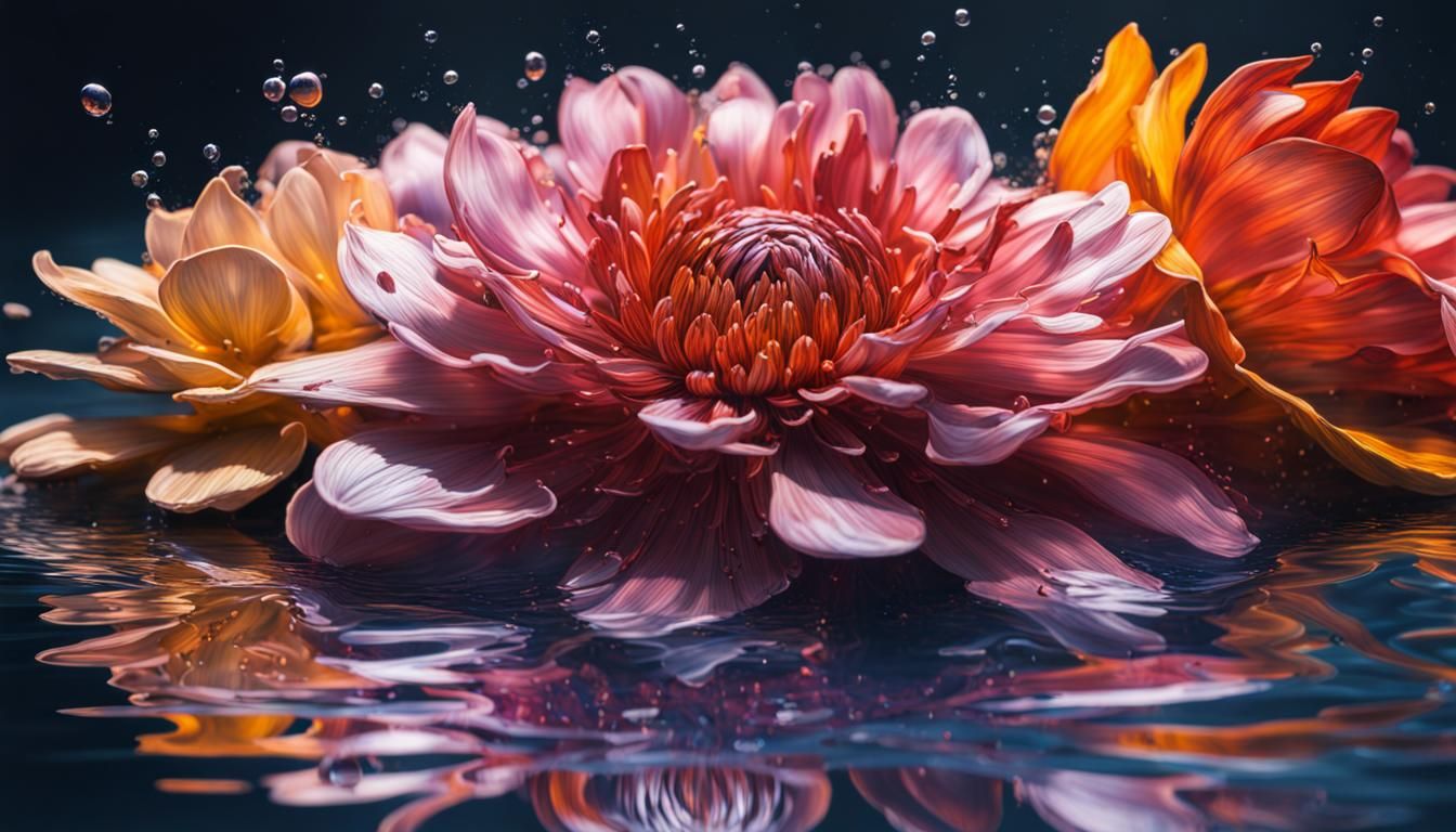 Hyperrealistic Flowers Reflecting in Water as Splash Art