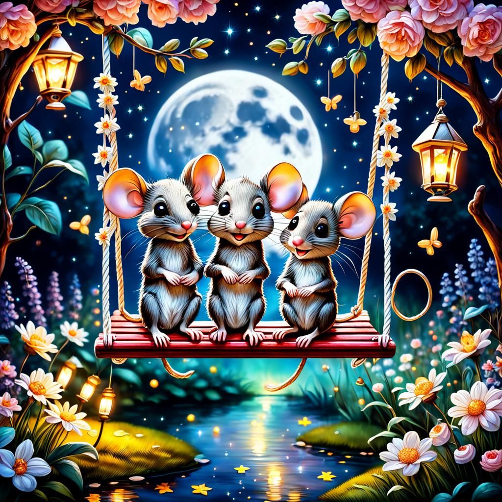 Romantic Mouse Couple in Enchanted Night Garden