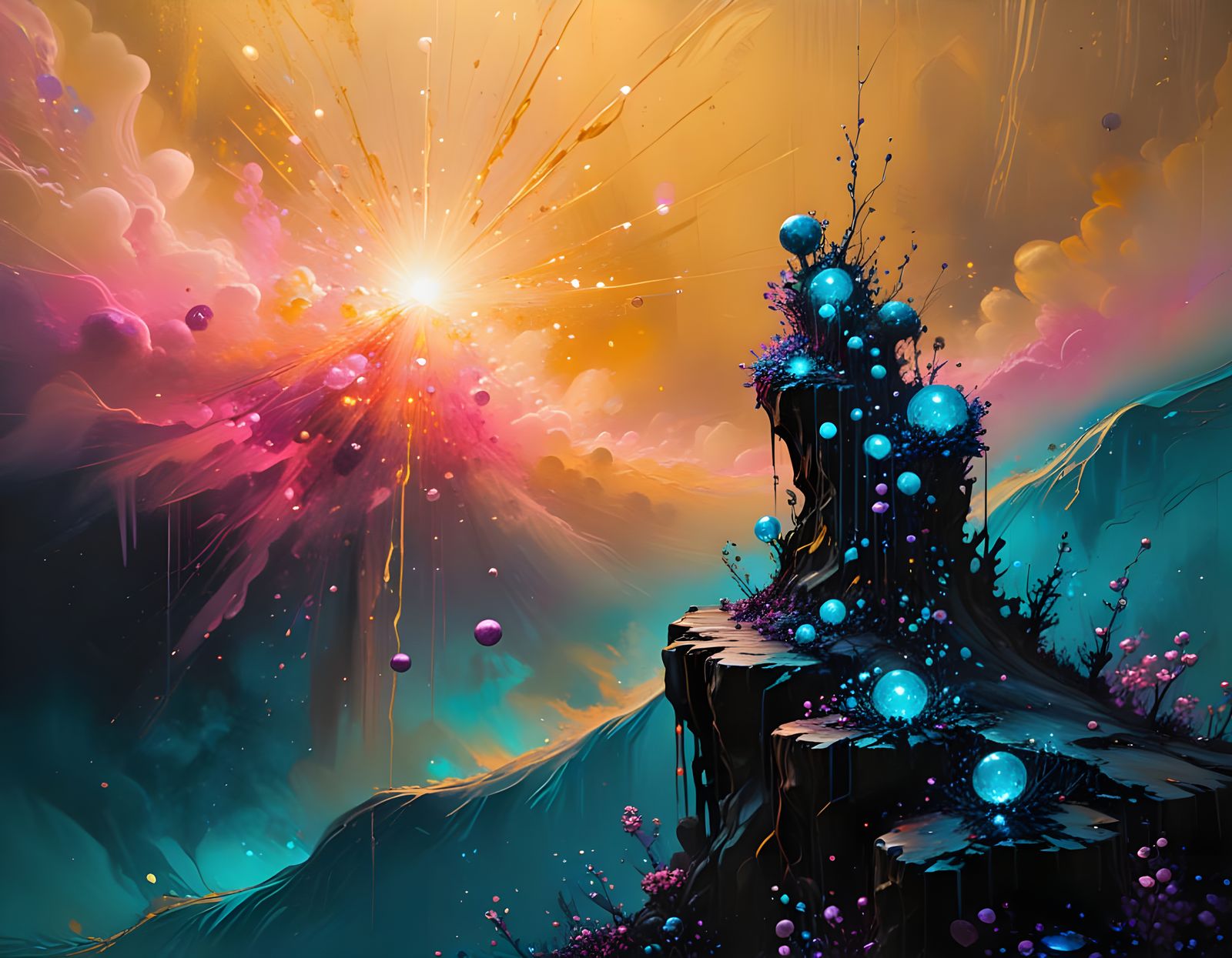 Bioluminescent Landscape with Impasto and Neon Colors