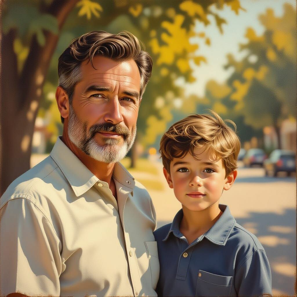 Man and Boy in Golden Hour Oil Painting