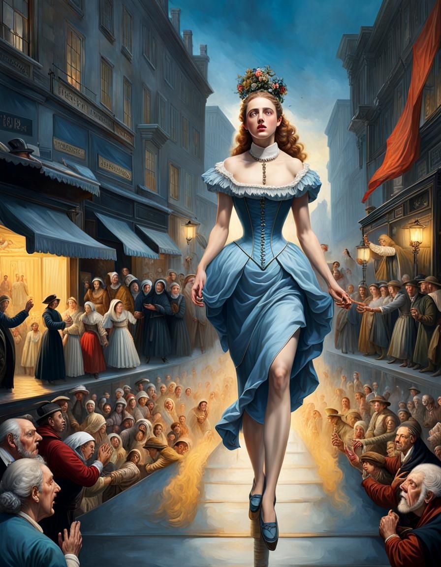 Fearful Girl Versus Hostile Crowd in Dramatic Painting