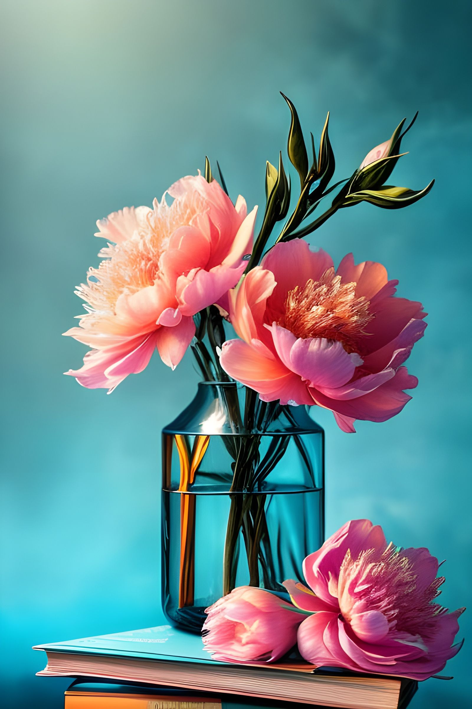Orange Peonies in Teal Vase: Surreal Digital Art