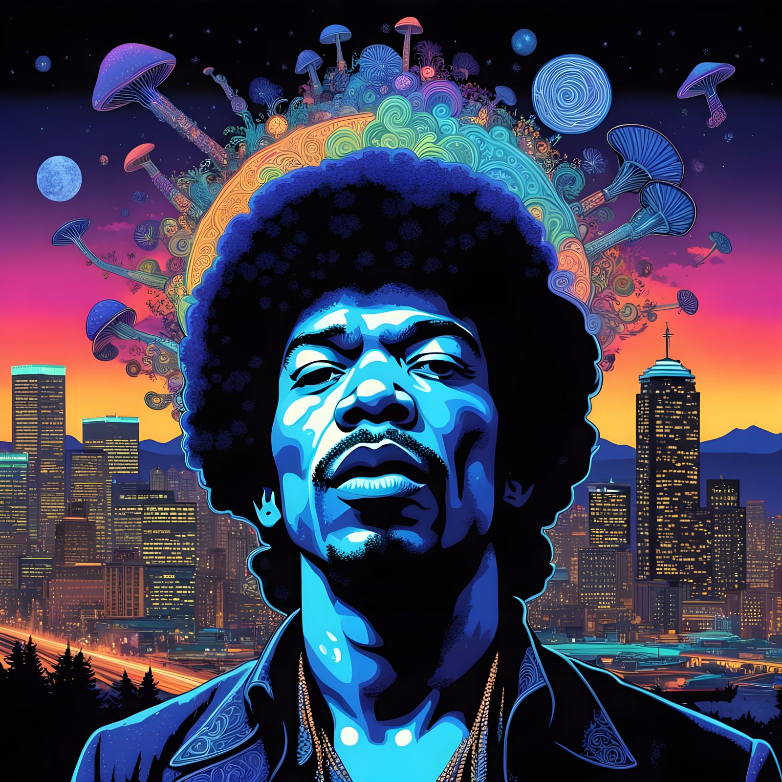 Psychedelic Seattle Skyline with Jimi Hendrix in Neon Colors