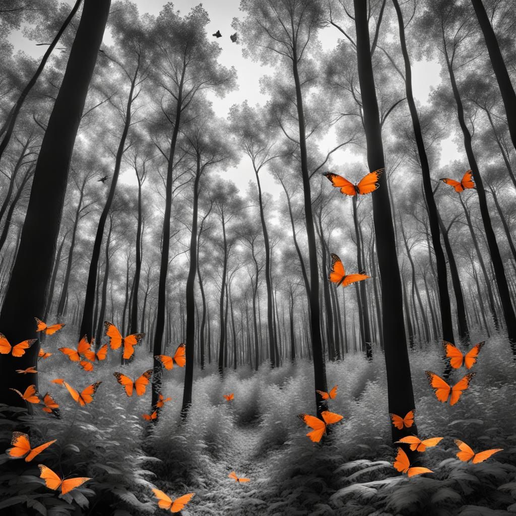 Monochrome Forest with Orange Butterflies in HDR