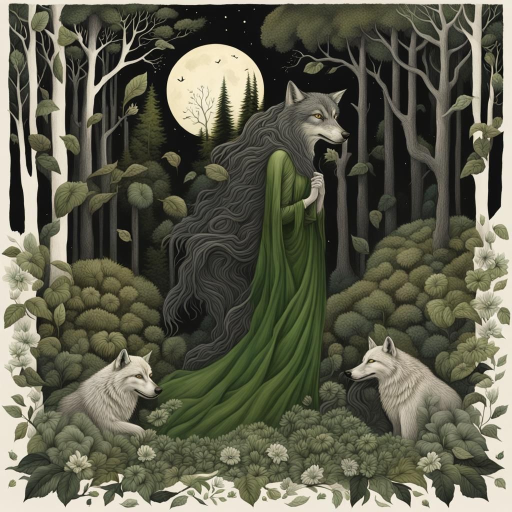 Wolf-Woman Transformation in Forest, Fairy Tale Style