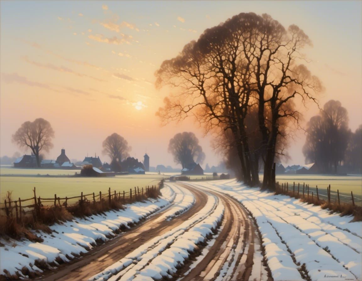 Winter Sunrise Landscape in Dutch Style