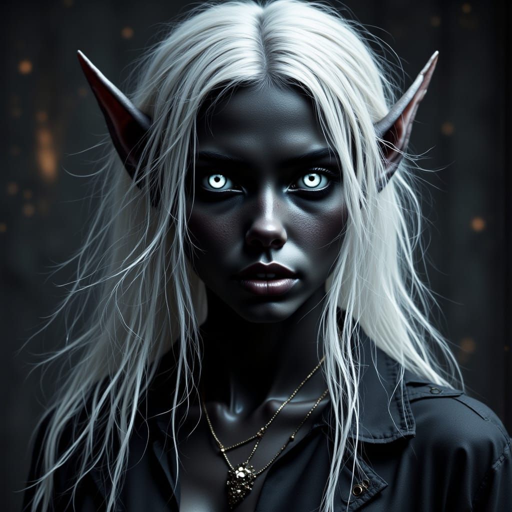 Drow Elf with White Hair and Glowing Eyes