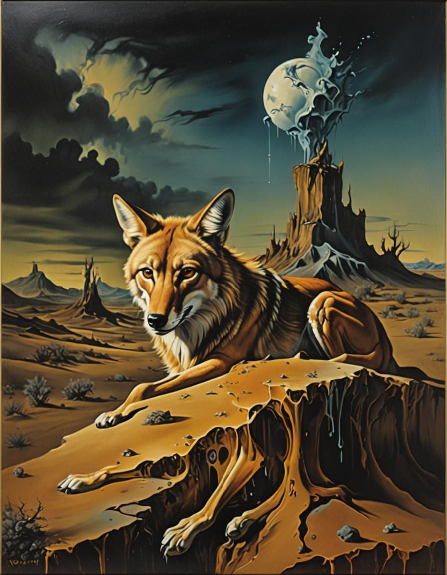 Surreal Coyote in Melting Landscape: Dali-esque Oil Painting