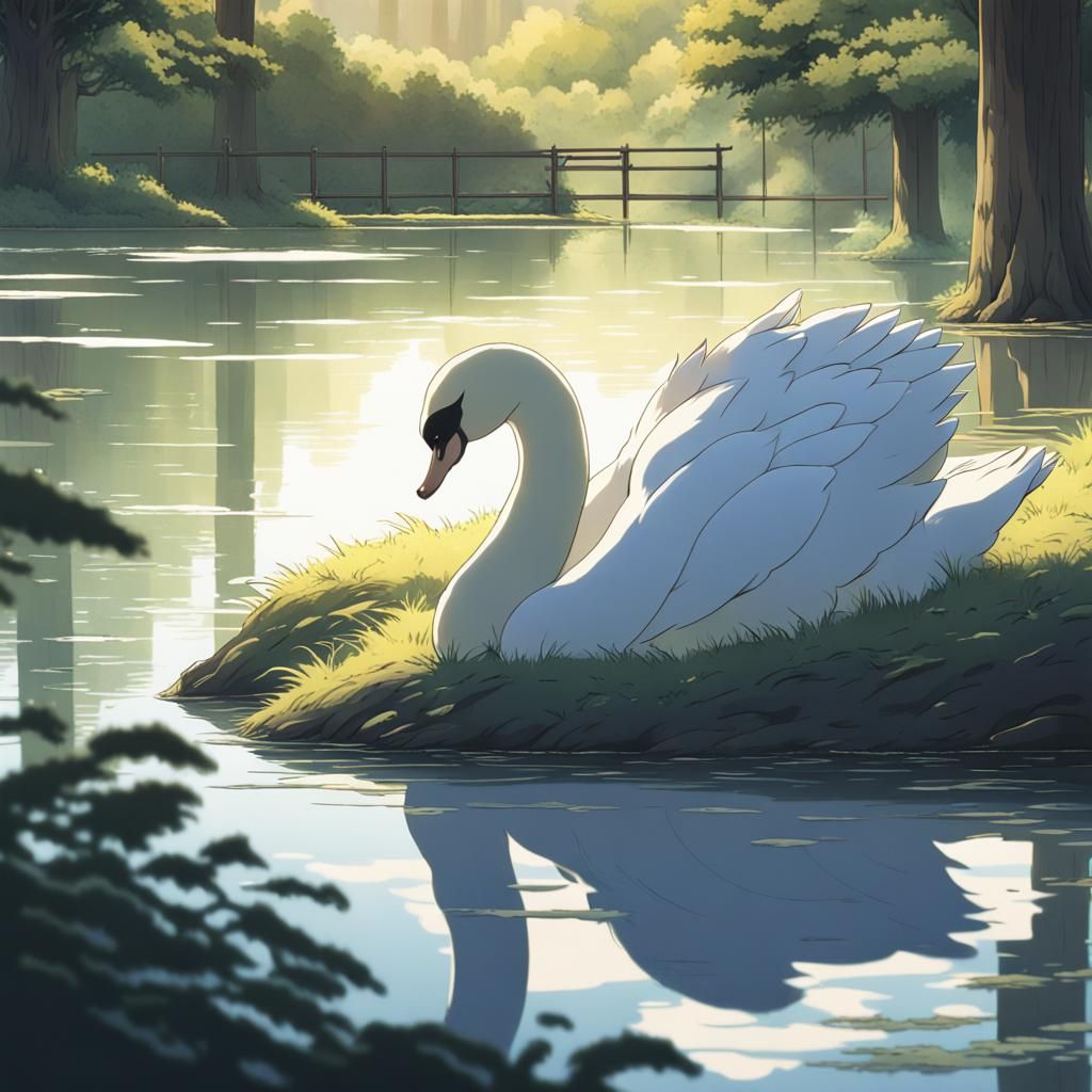 Swan and Wolf in Ghibli Anime Style