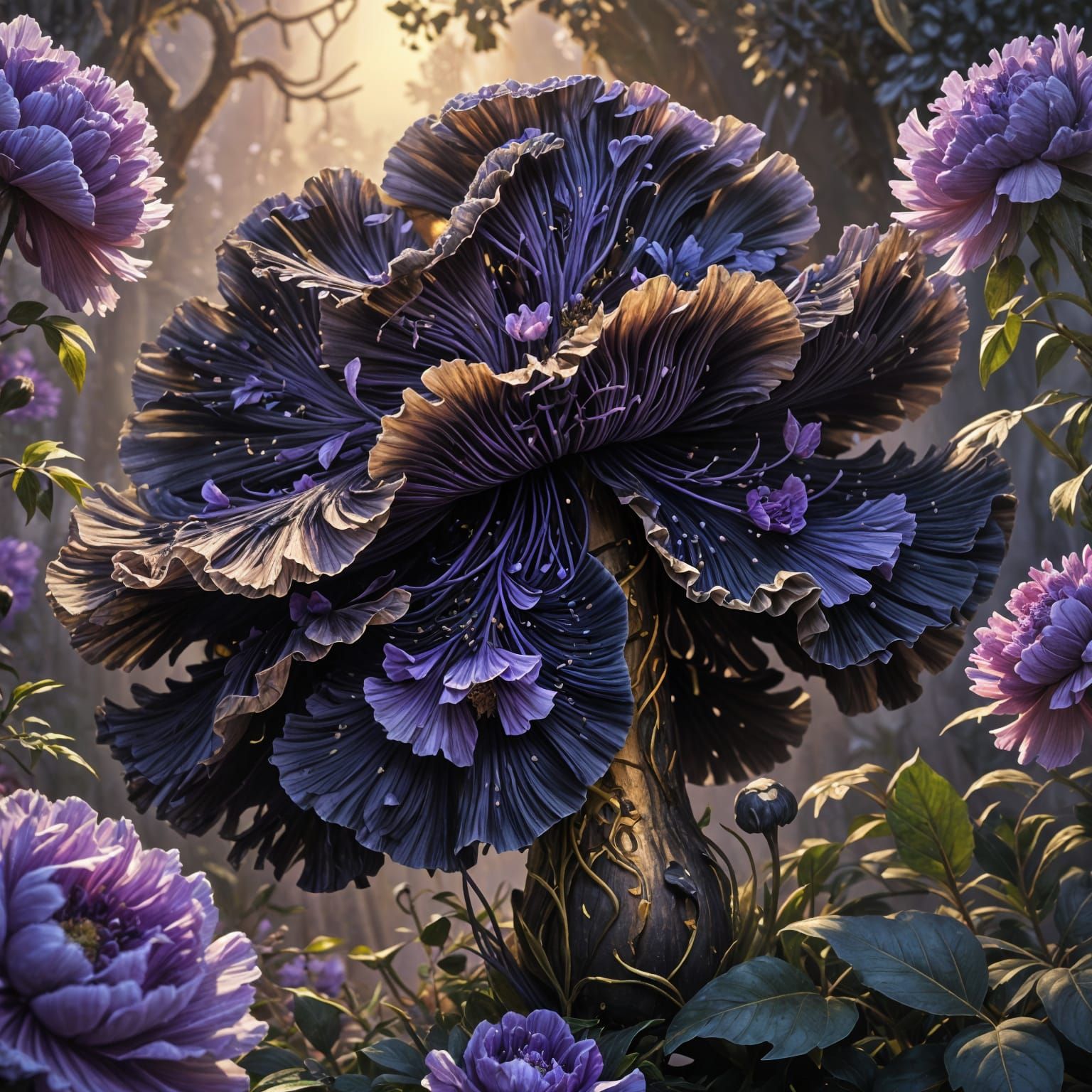 Giant Frilly Black Mushroom with Purple Peonies